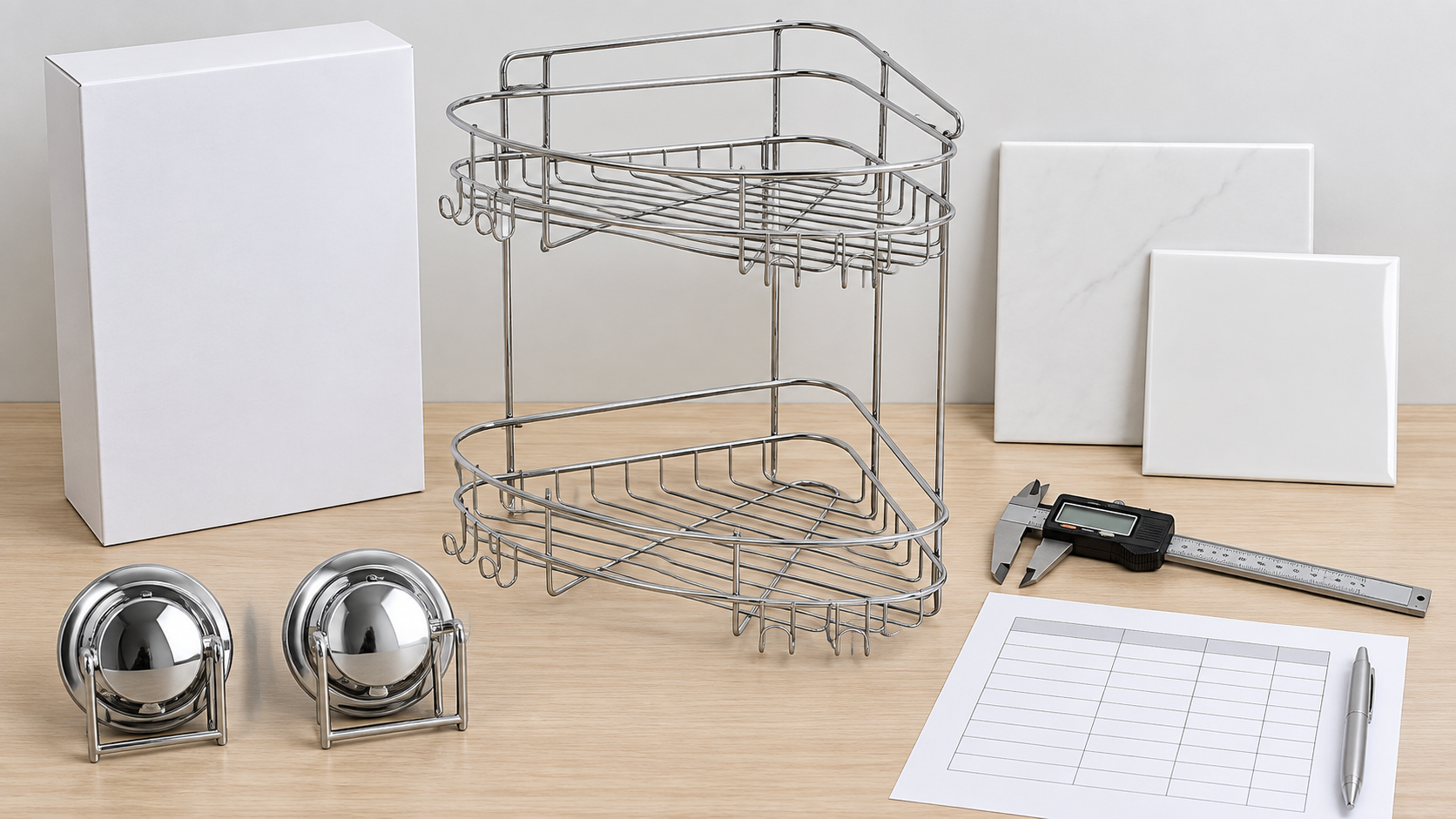 OEM buyer checklist table with suction corner shelf, mounting components, tile samples and packaging insert.