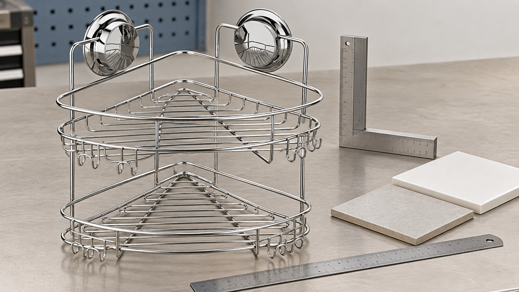 Suction corner shower shelf sample checked for corner fit, tier alignment and drainage spacing.