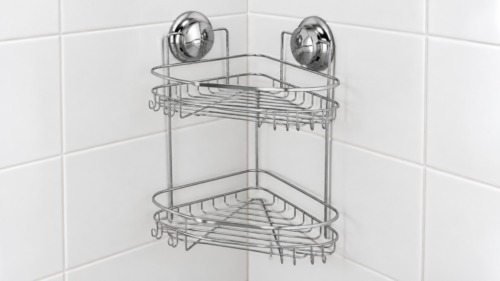 Two-tier chrome suction corner shower shelf installed on a smooth tiled corner mockup.