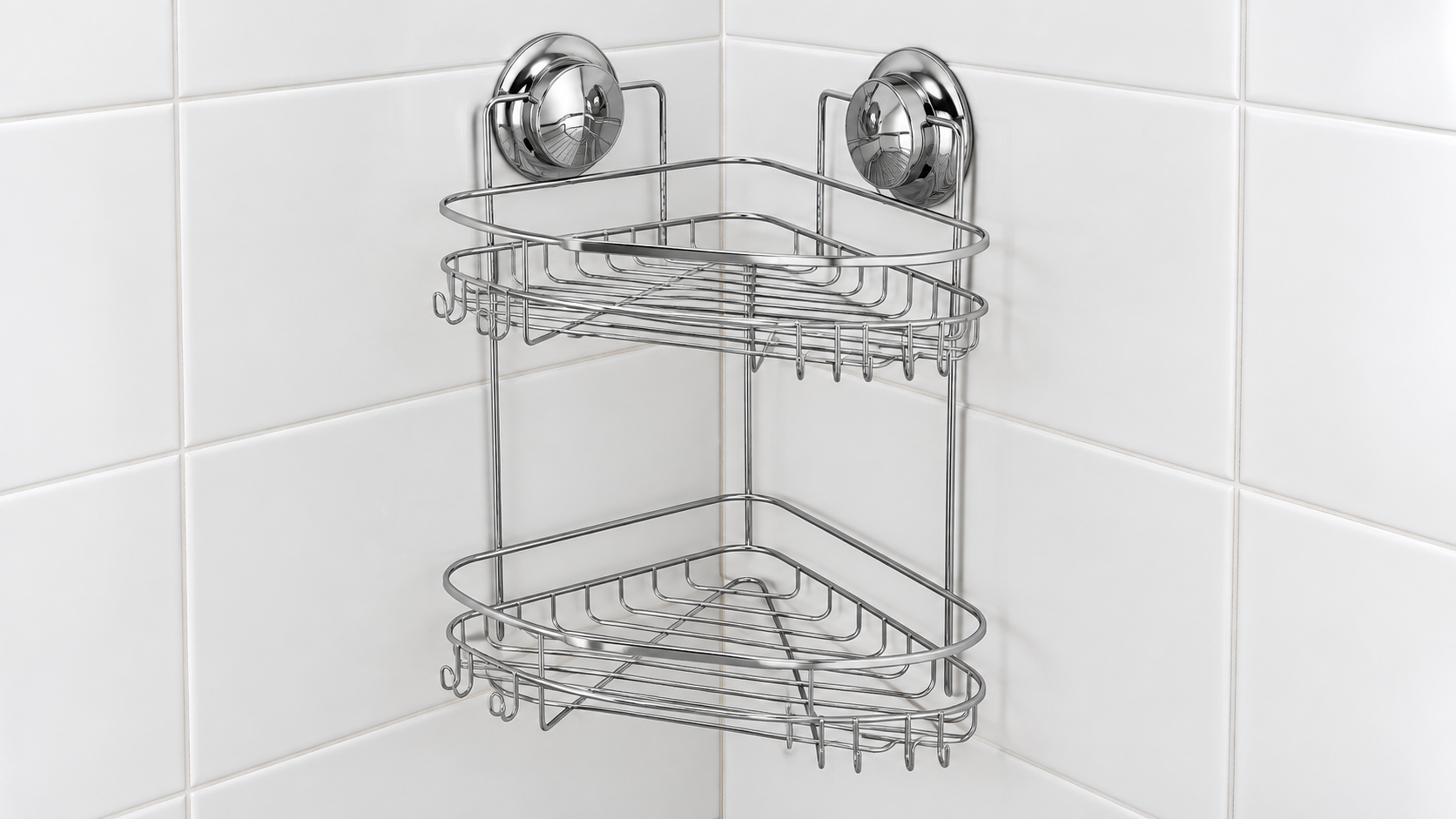 Two-tier chrome suction corner shower shelf installed on a smooth tiled corner mockup.