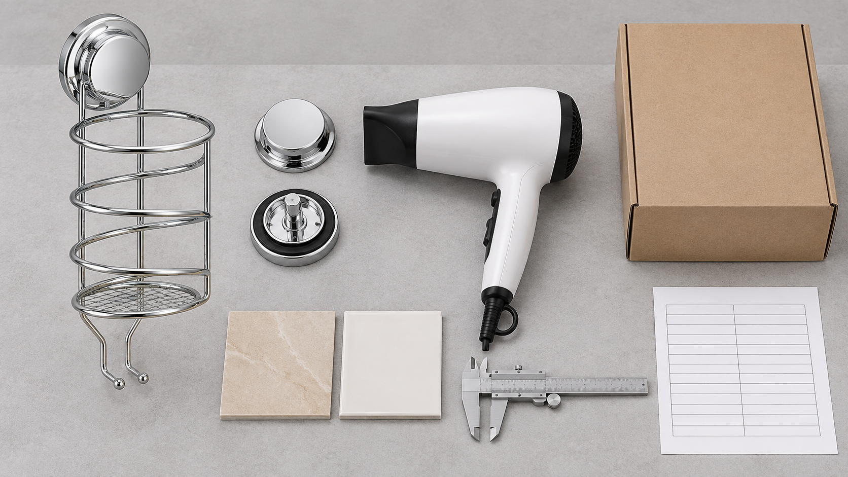 OEM buyer checklist table with suction hair dryer holder, fit sample, tile coupons and packaging insert.