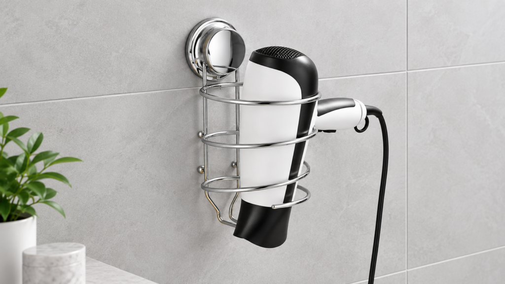 Chrome suction cup hair dryer holder installed on a smooth bathroom tile panel.