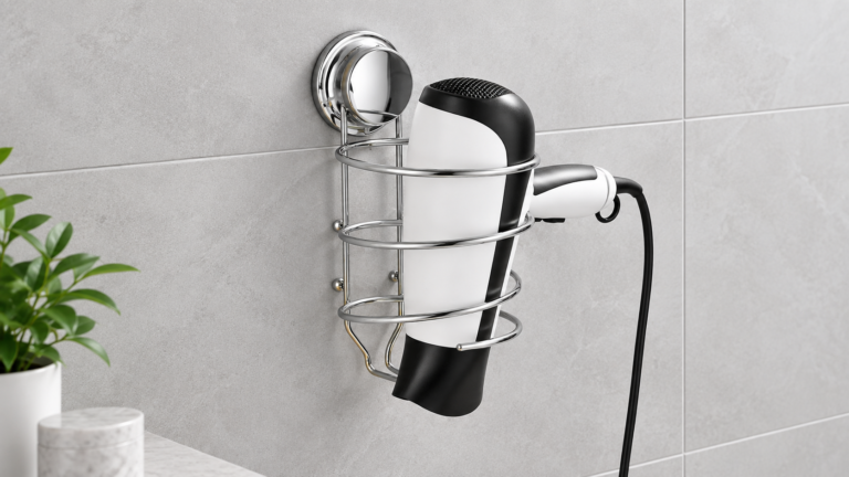 Chrome suction cup hair dryer holder installed on a smooth bathroom tile panel.