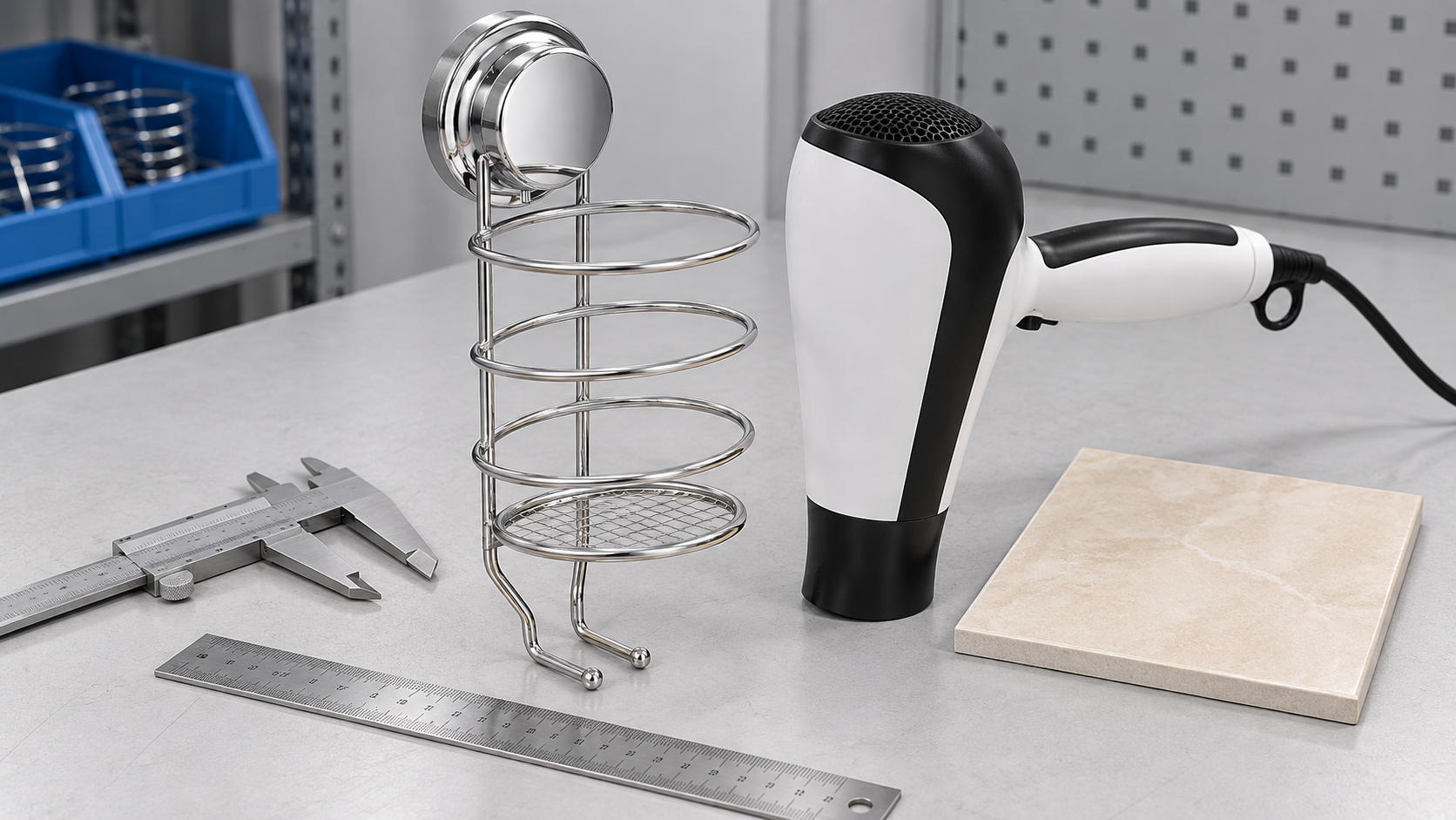Hair dryer holder sample reviewed for basket diameter, handle clearance and suction alignment.