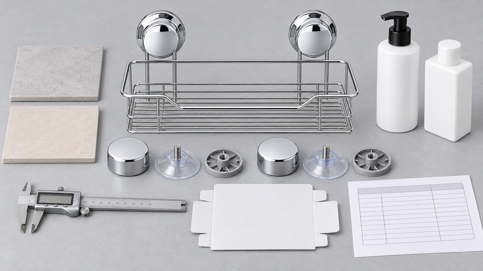 OEM buyer checklist table with suction bathroom basket, mounting components, tile coupons and packaging insert.