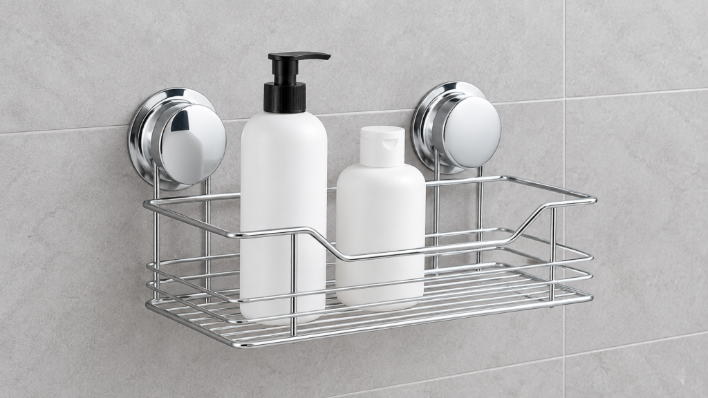Chrome suction cup bathroom basket with two round mounts on a smooth tile panel.