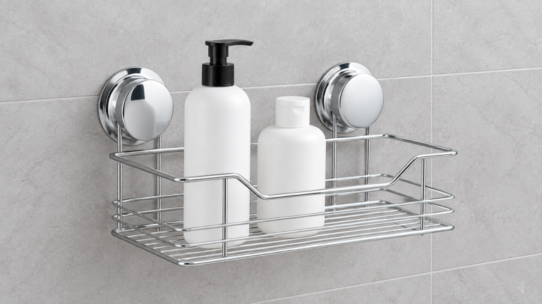 Chrome suction cup bathroom basket with two round mounts on a smooth tile panel.