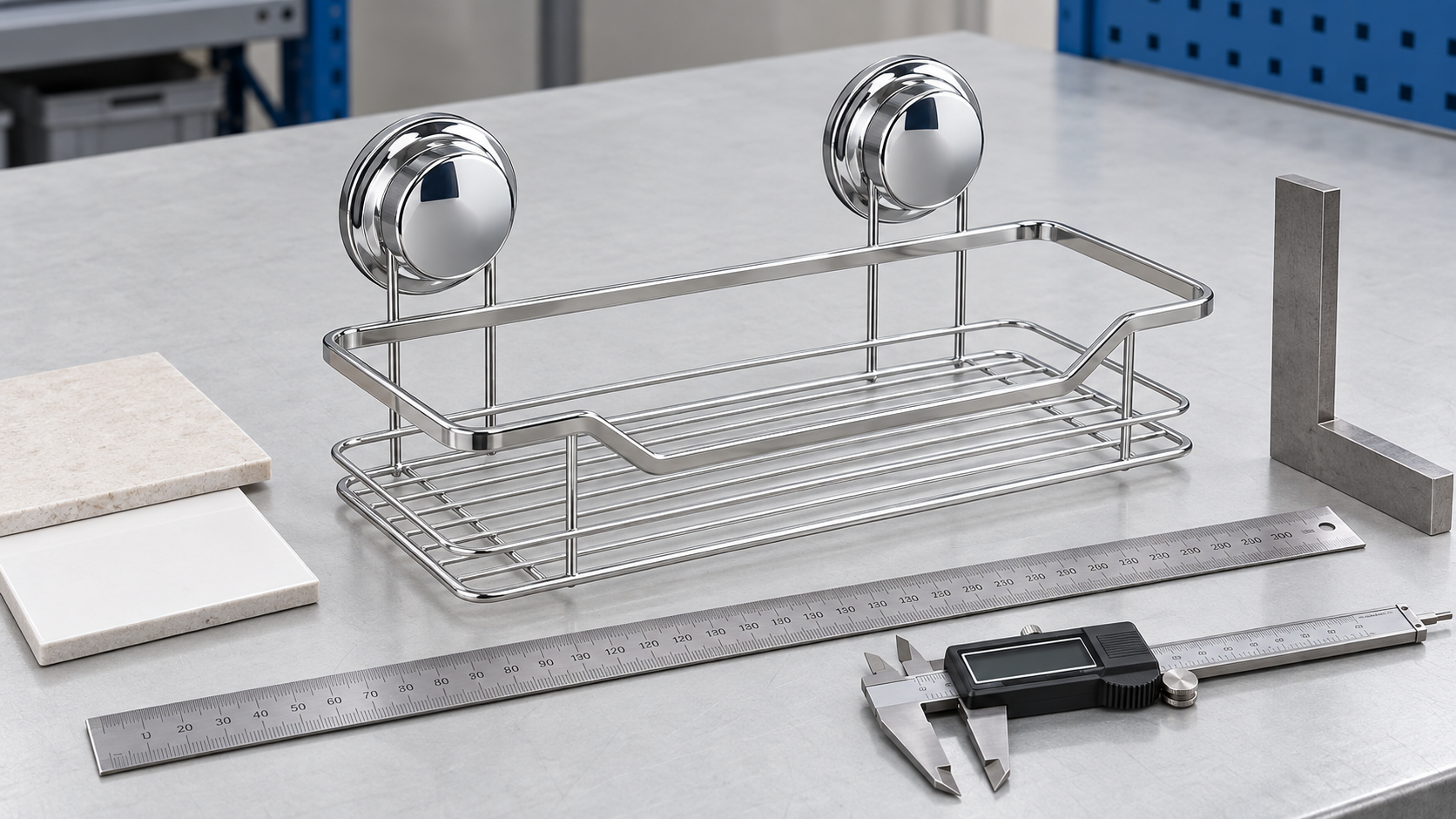 Suction bathroom basket sample checked for wire spacing, rail height and mount alignment.