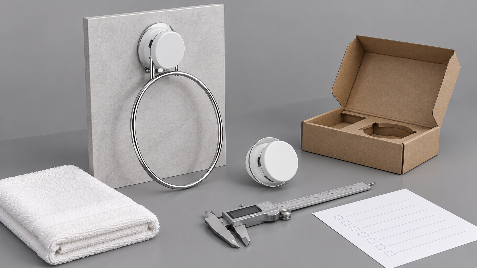 OEM towel ring checklist with suction components, tile samples and packaging insert.