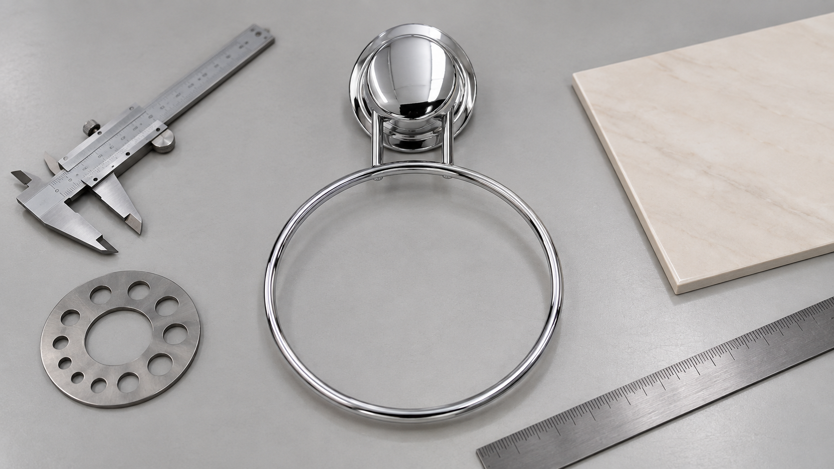 Suction towel ring sample checked for diameter, roundness and mount alignment.