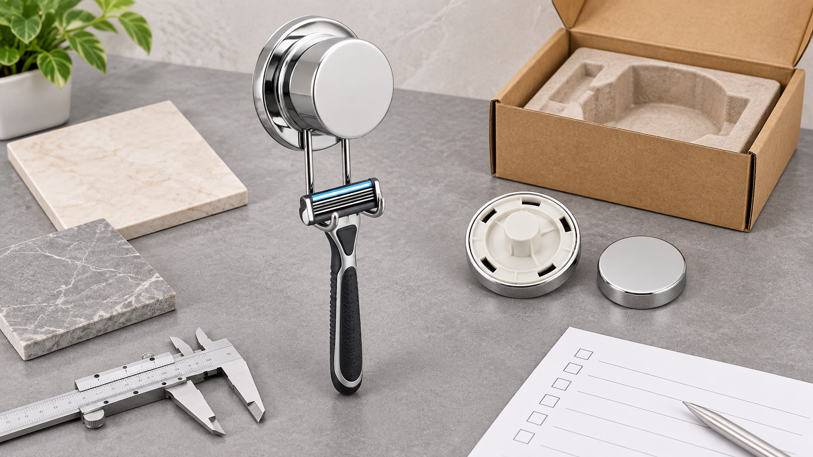 OEM razor holder checklist with fit samples, suction components and tile coupons.