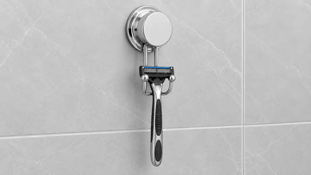 Custom chrome suction cup razor holder with U-shaped cradle on smooth tile.