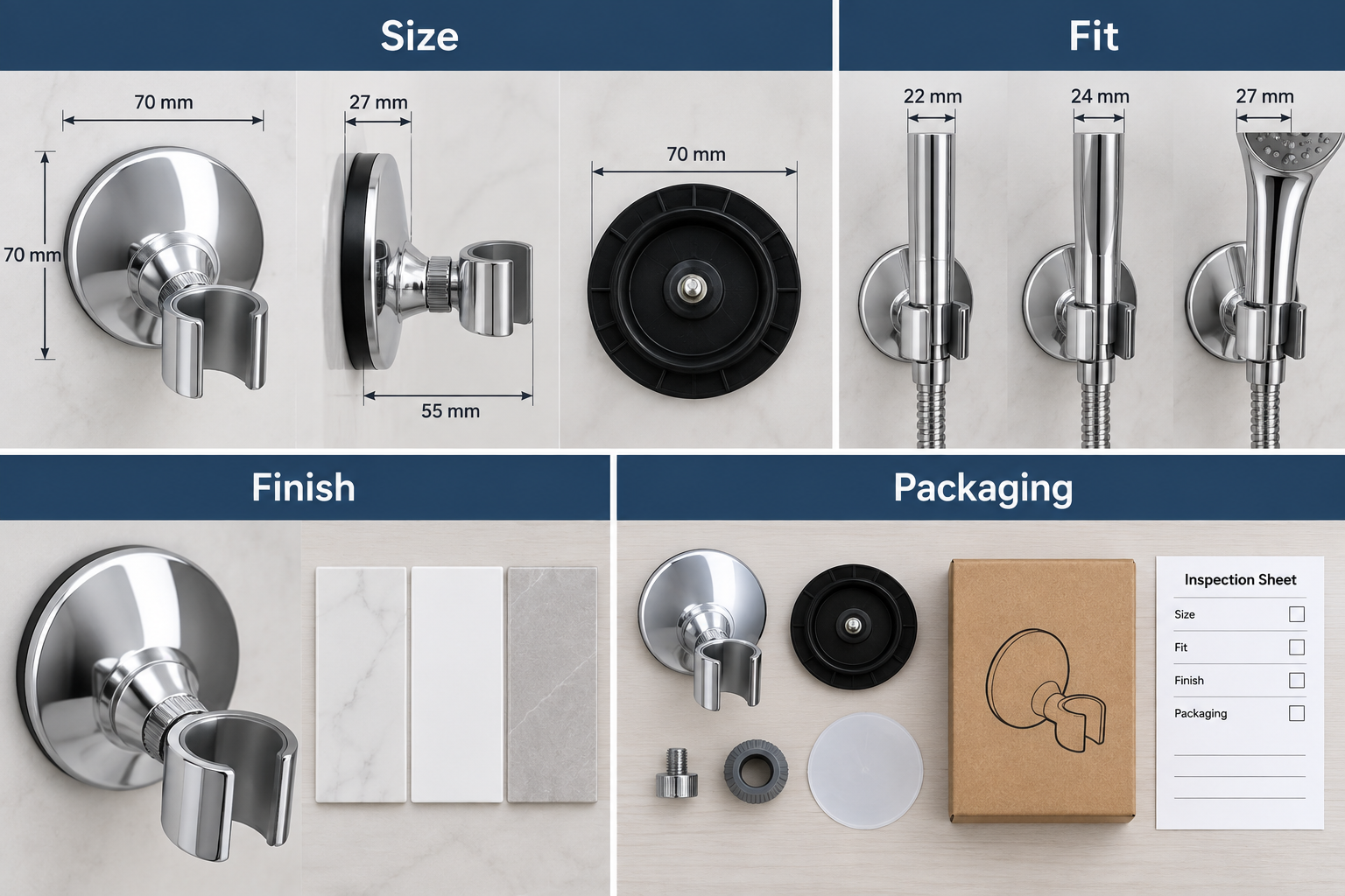 OEM checklist for suction shower head holder fit, adjustment, mounting components and packaging.
