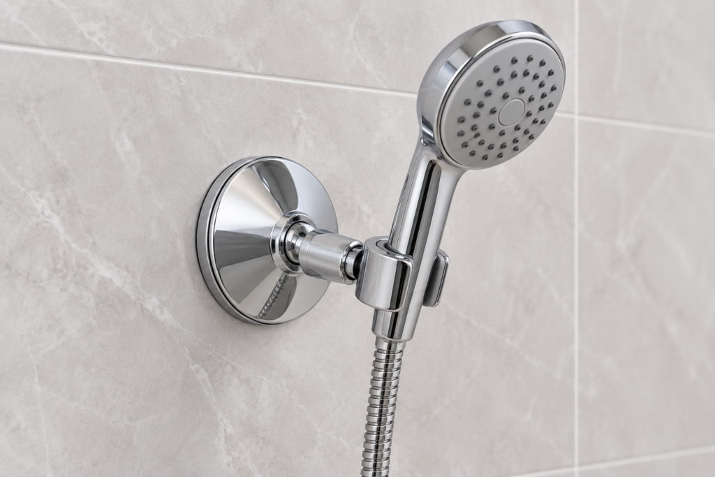 Chrome suction cup shower head holder with side-entry bracket and round mounting cover.