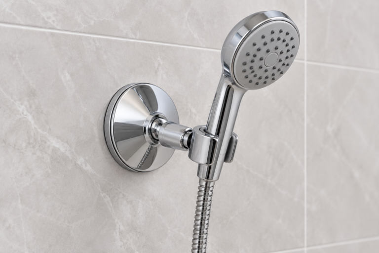 Chrome suction cup shower head holder with side-entry bracket and round mounting cover.