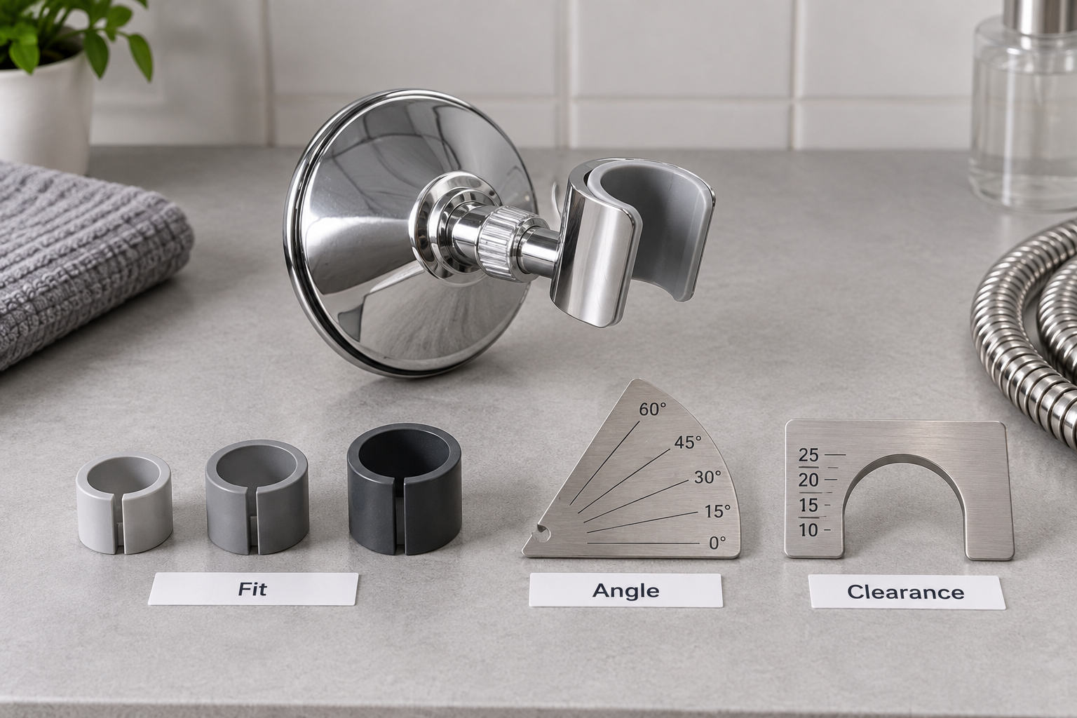 Suction shower head holder sample reviewed for handset fit, bracket angle and hose clearance.