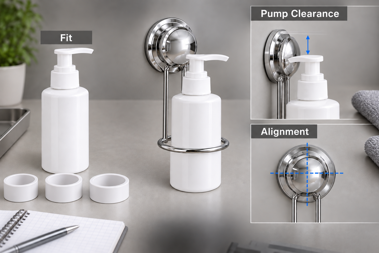 Koitor suction soap dispenser holder sample showing bottle-ring fit and pump clearance.