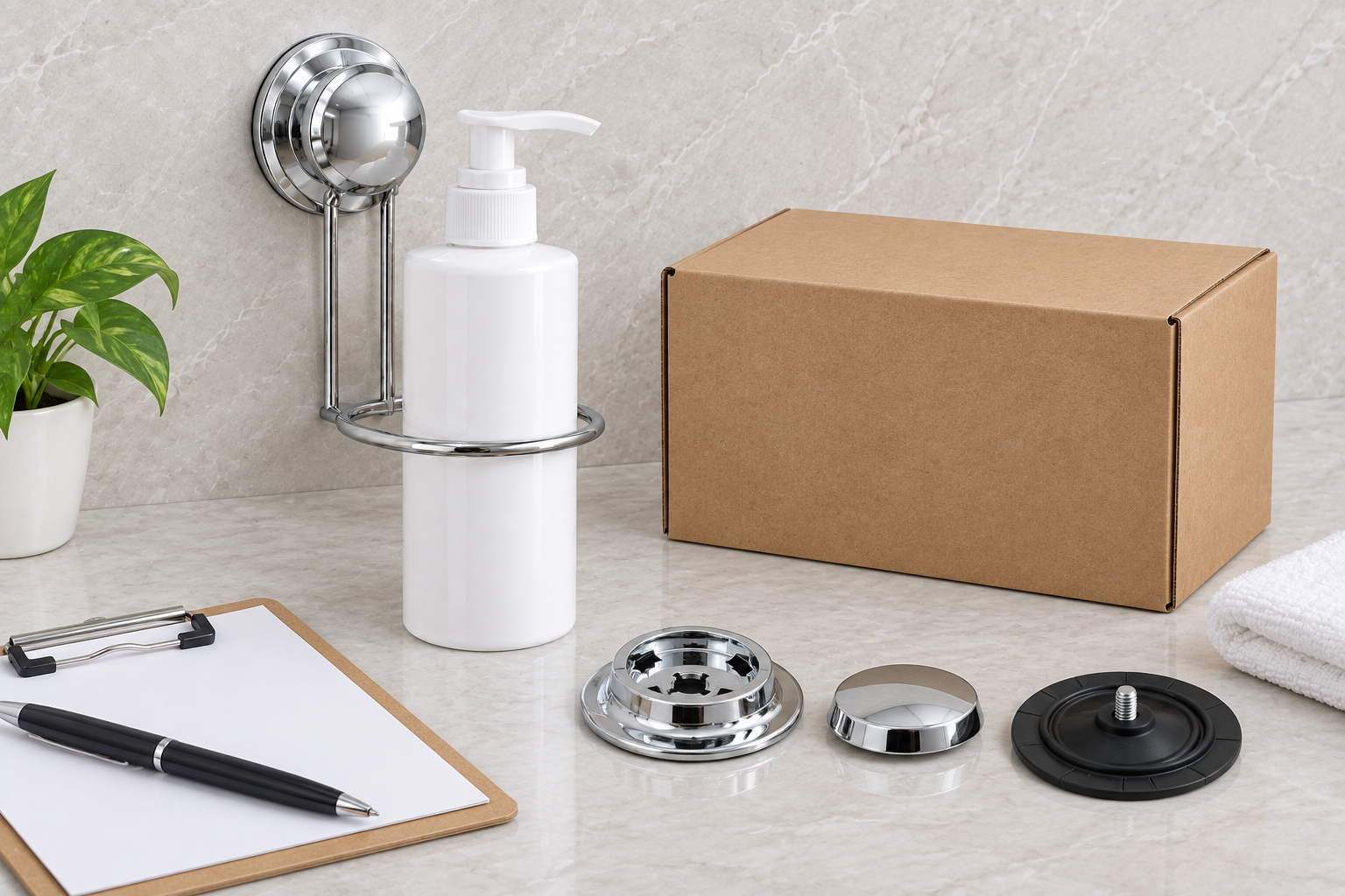 Koitor suction soap dispenser holder with chrome mounting parts, black rubber suction cup and packaging review.