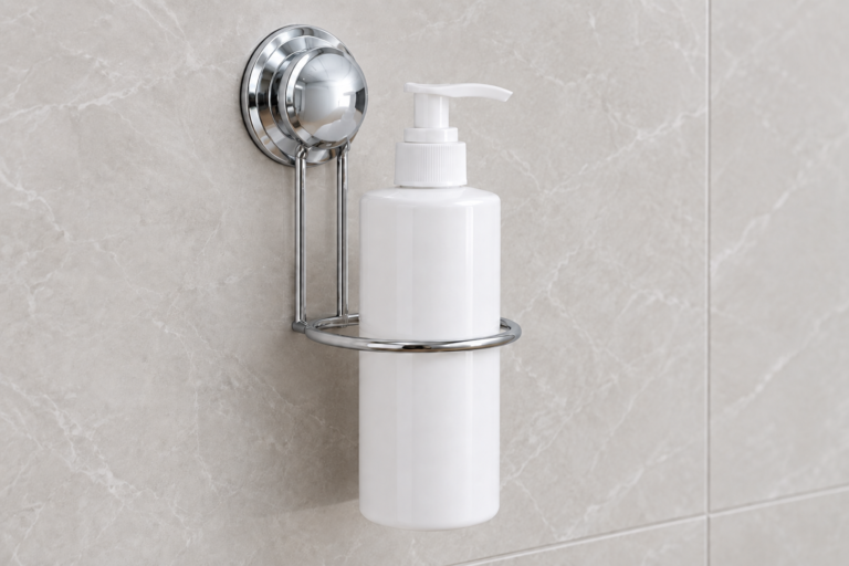 Chrome soap dispenser holder with Koitor stepped suction base, threaded front cover and single bottle support ring.