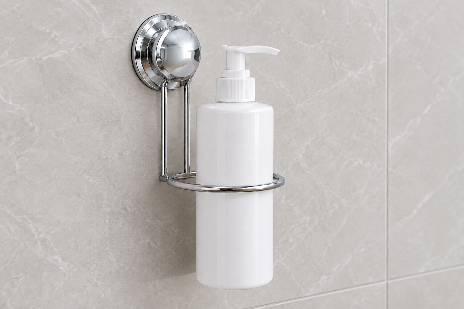 Chrome soap dispenser holder with Koitor stepped suction base, threaded front cover and single bottle support ring.