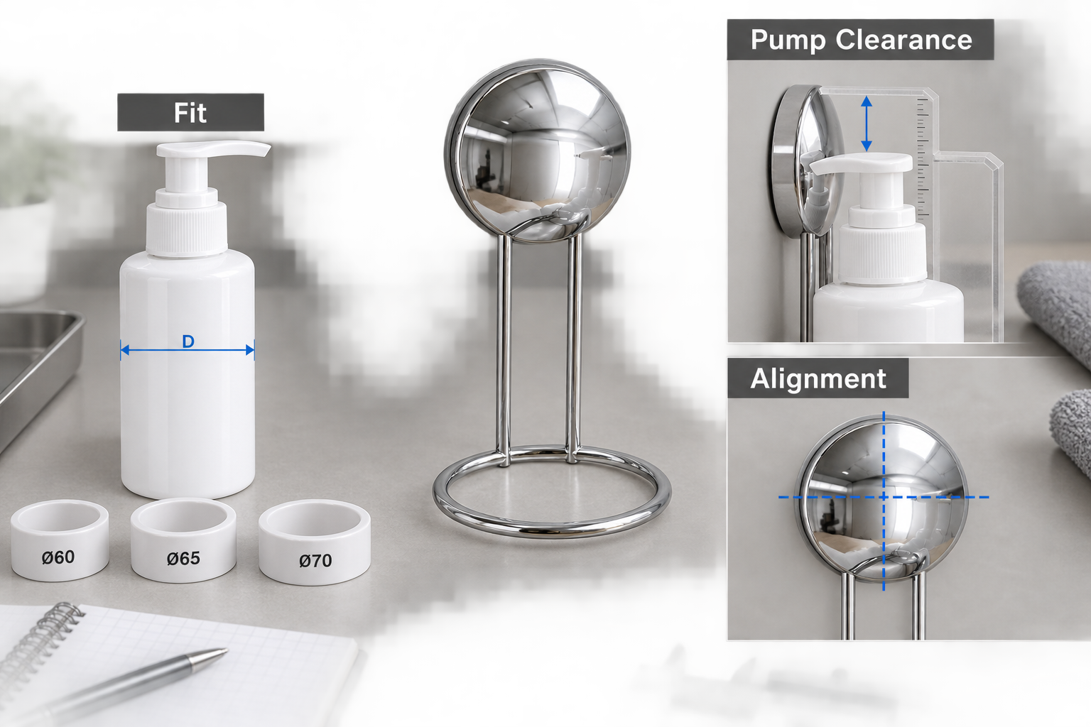 Suction soap dispenser holder reviewed with bottle gauges for ring fit, pump clearance and alignment.