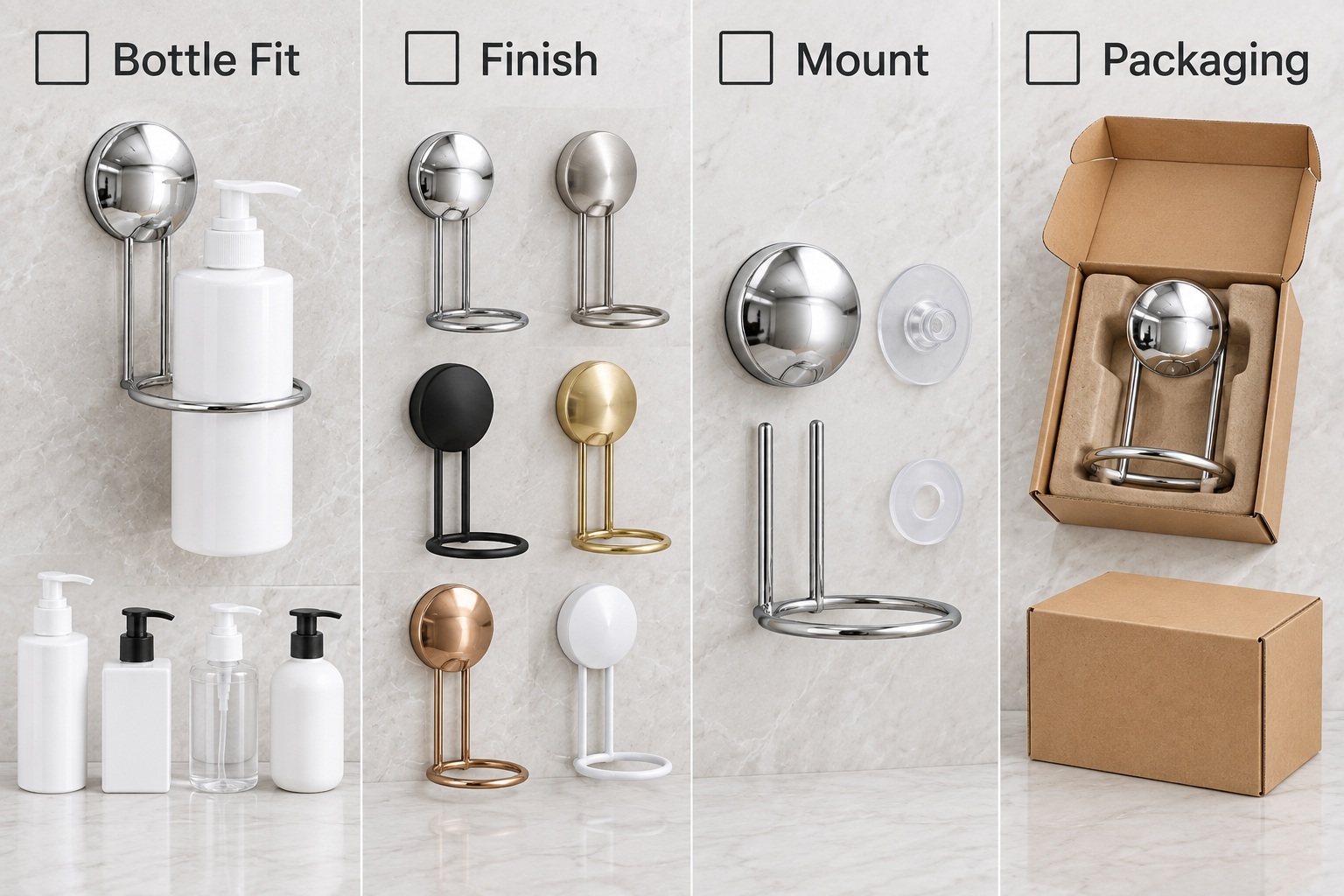 Private-label checklist for suction soap dispenser holder bottle fit, finish, mounting parts and packaging.