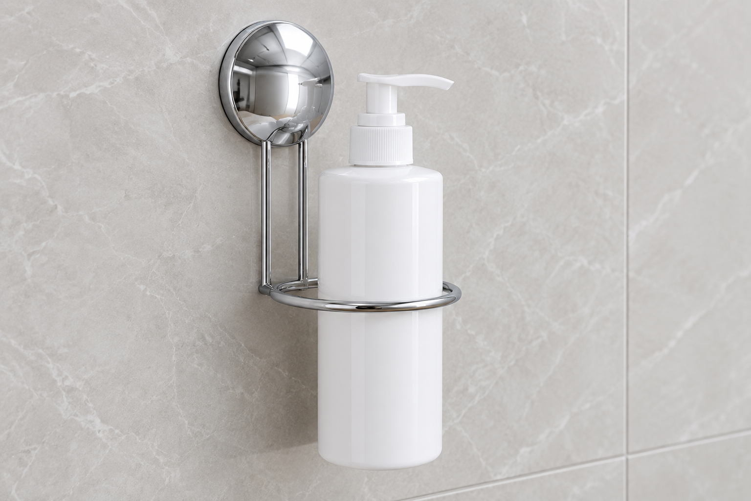 Chrome suction cup soap dispenser holder with bottle support ring and round mounting cover.