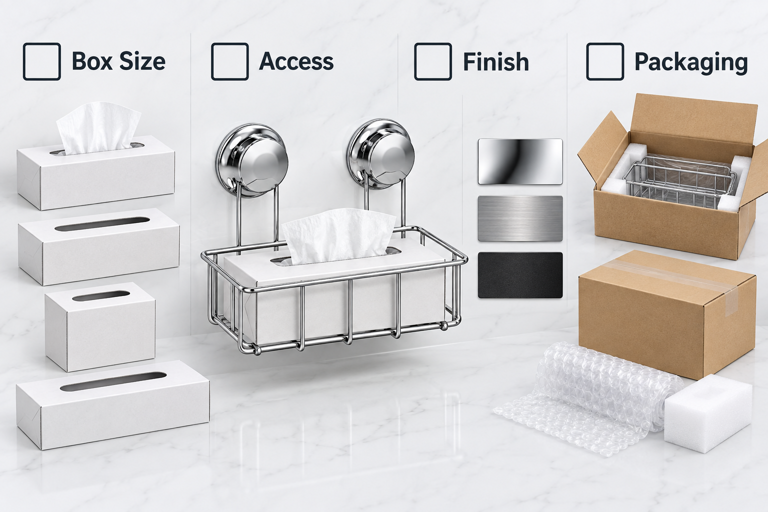 OEM buyer checklist for suction tissue box holder carton sizes, mounting alignment, finish and packaging.