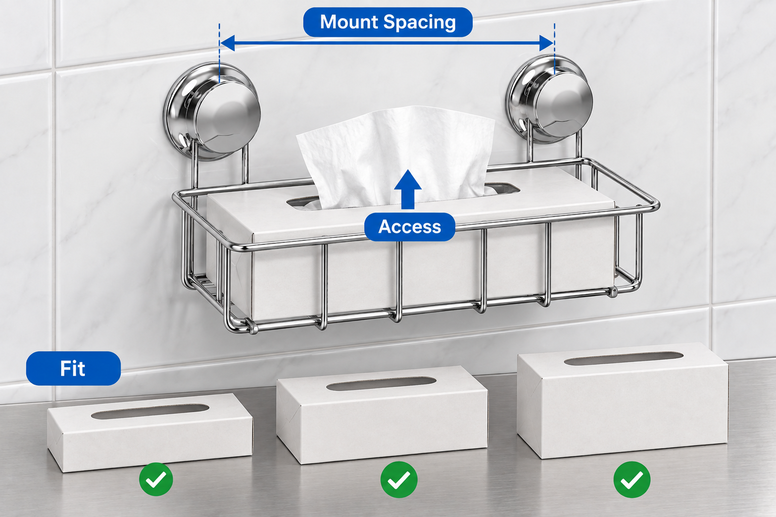 Suction tissue box holder reviewed for carton fit, loading direction, opening access and mount spacing.