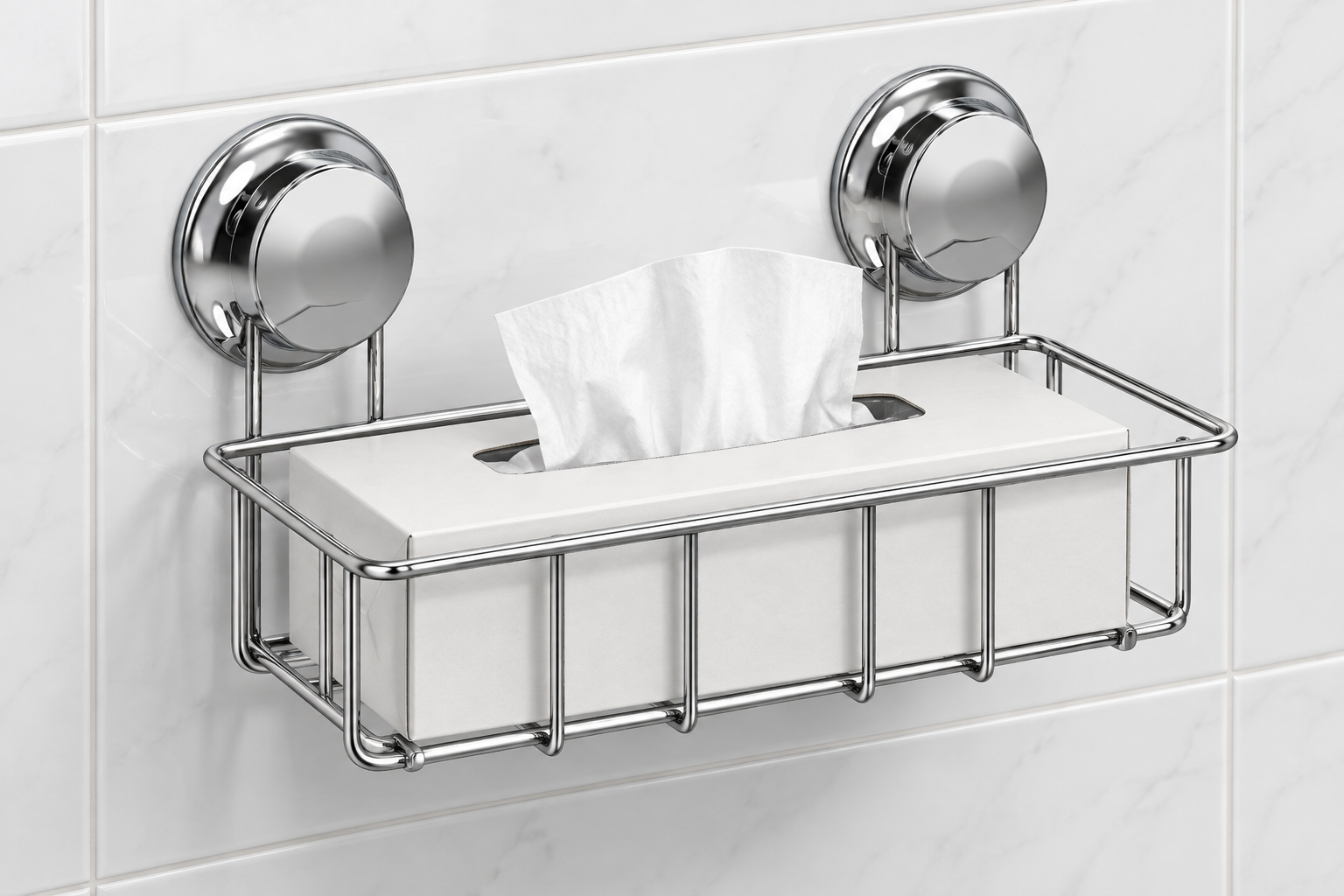 Chrome suction cup tissue box holder with rectangular carton cradle and two round mounts.