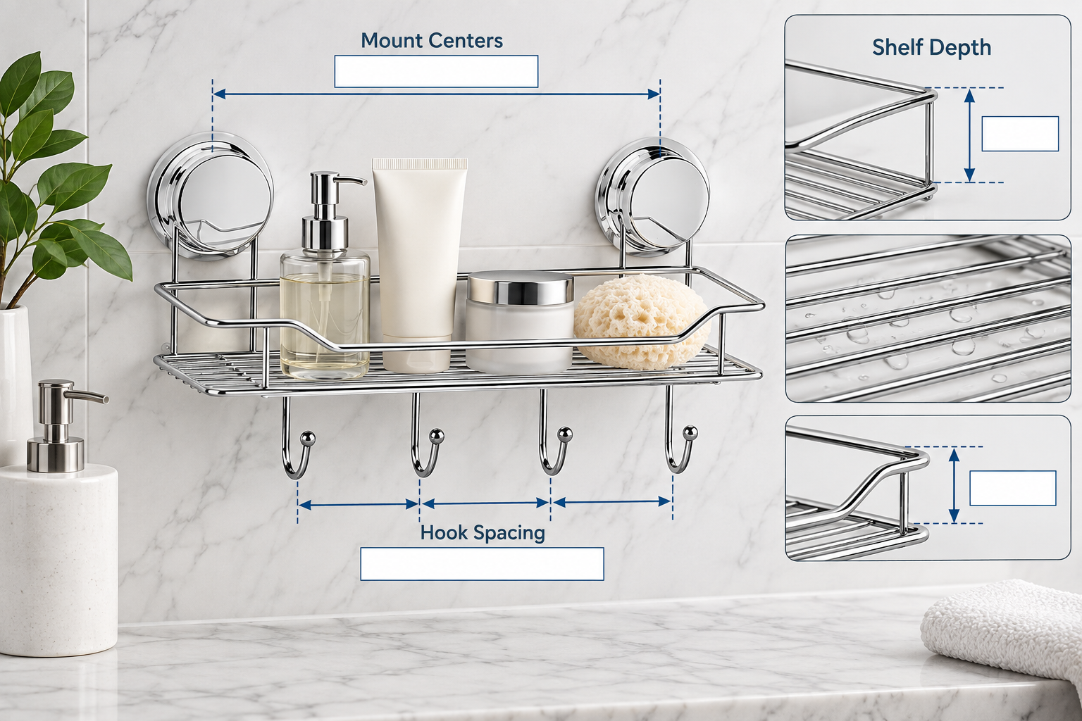 Suction bathroom shelf with hooks reviewed for shelf depth, drainage, hook spacing and mount alignment.