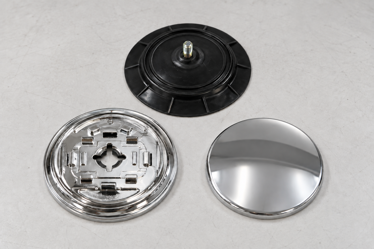Koitor suction cup mounting components arranged for incoming inspection beside a chrome bathroom basket.