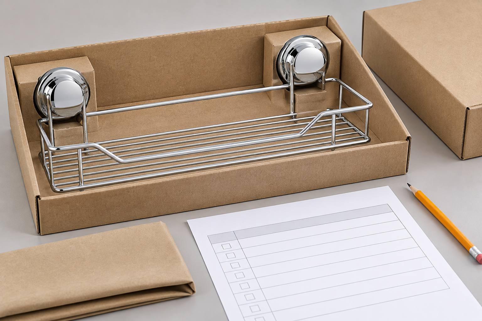 Buyer checklist beside an assembled chrome suction basket in a protective cardboard carton.