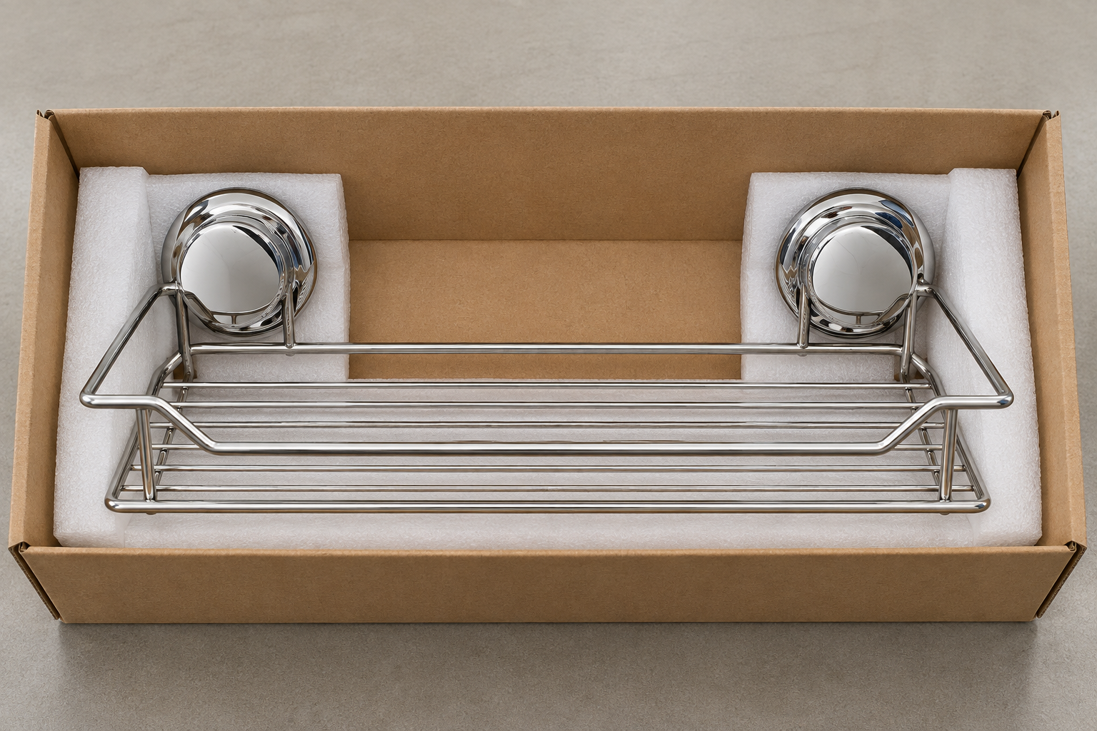 Assembled chrome suction basket held apart from carton walls in a fitted protective insert.