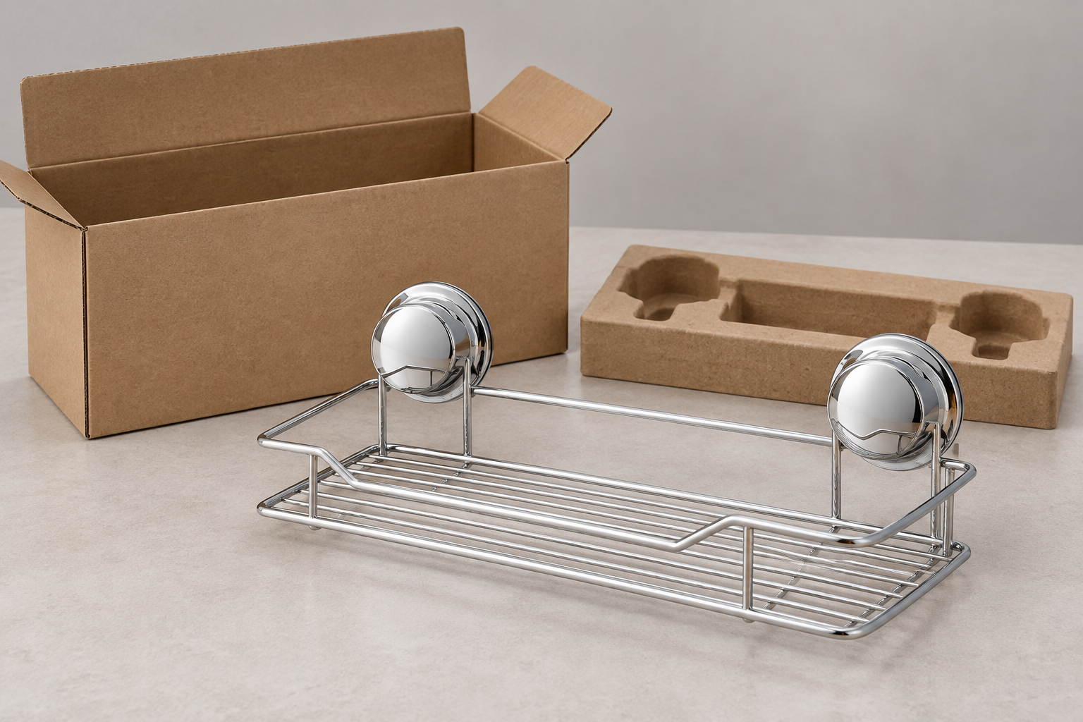Chrome suction bathroom basket and plain protective packaging prepared for OEM review.