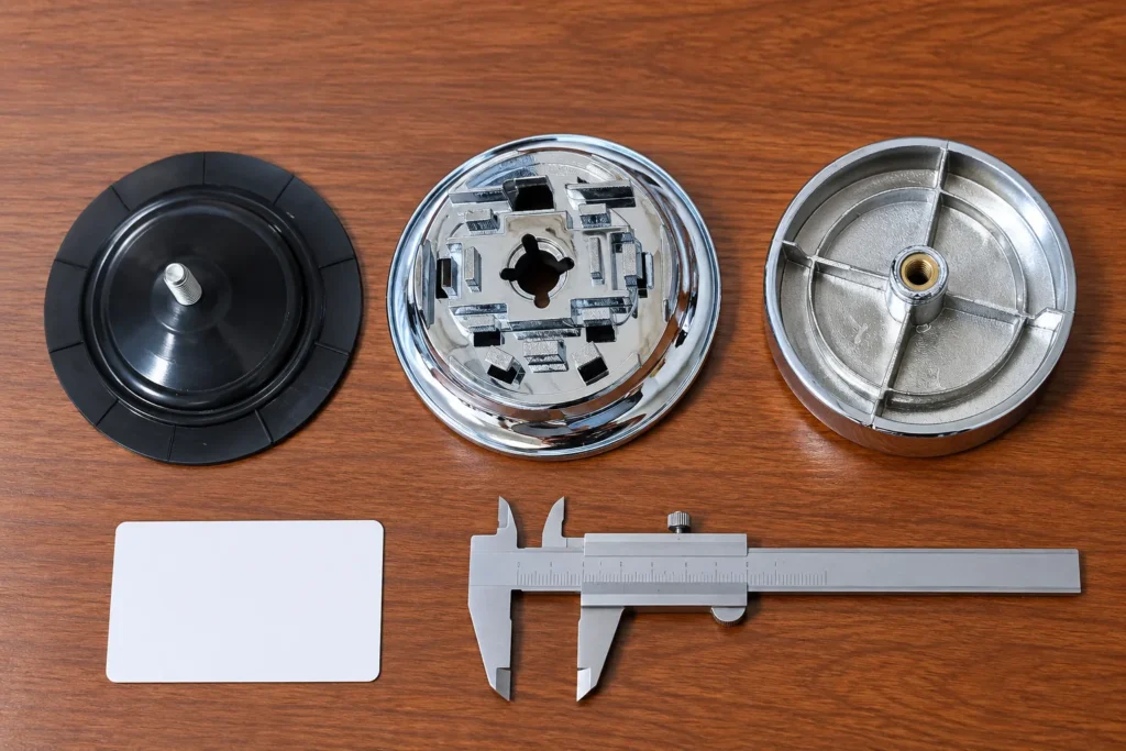 Suction cup, keyed base and threaded chrome cover inspected as a bathroom hardware mounting interface.