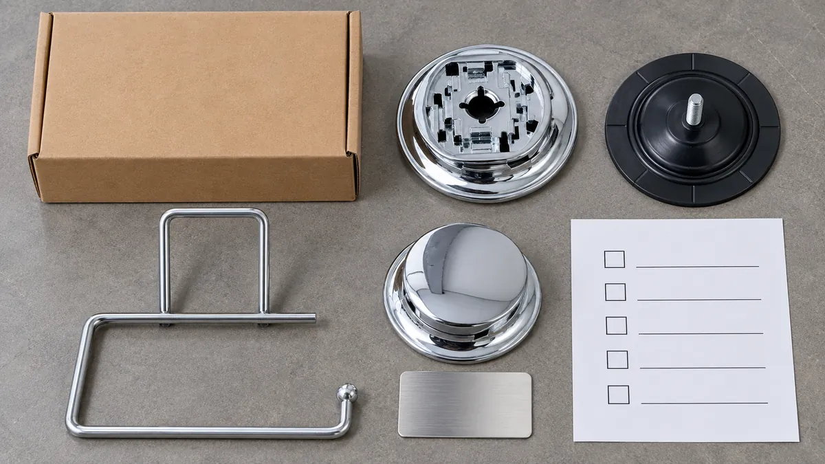 Buyer review layout for suction bathroom accessory assembly parts, finish, packaging and inspection points.