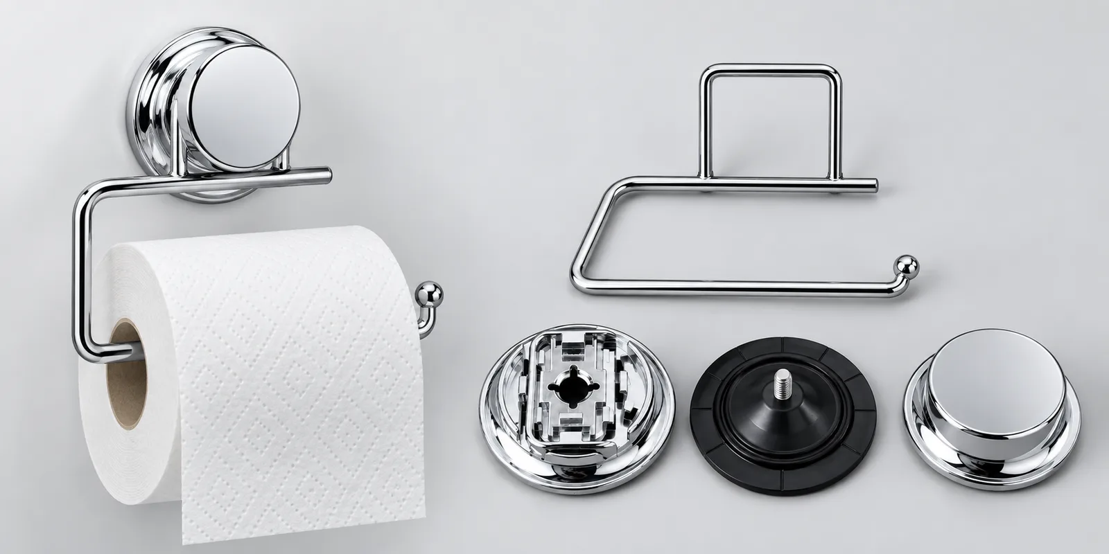 Koitor suction bathroom accessory components arranged for assembly inspection on a clean product table.