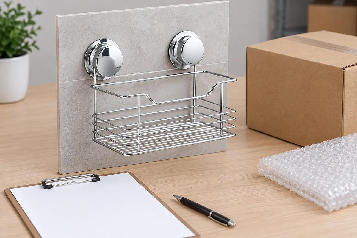 Dual-suction basket with wall and packaging samples for buyer checklist