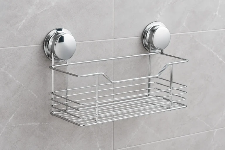 Dual-suction chrome wire basket mounted on smooth ceramic tile
