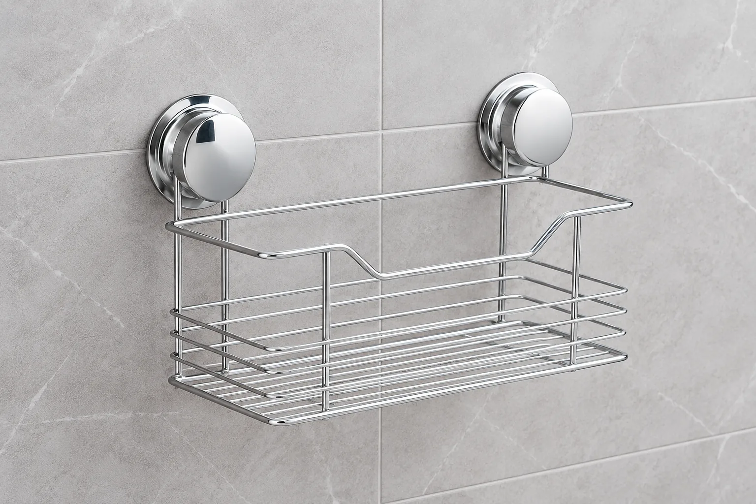 Dual-suction chrome wire basket mounted on smooth ceramic tile