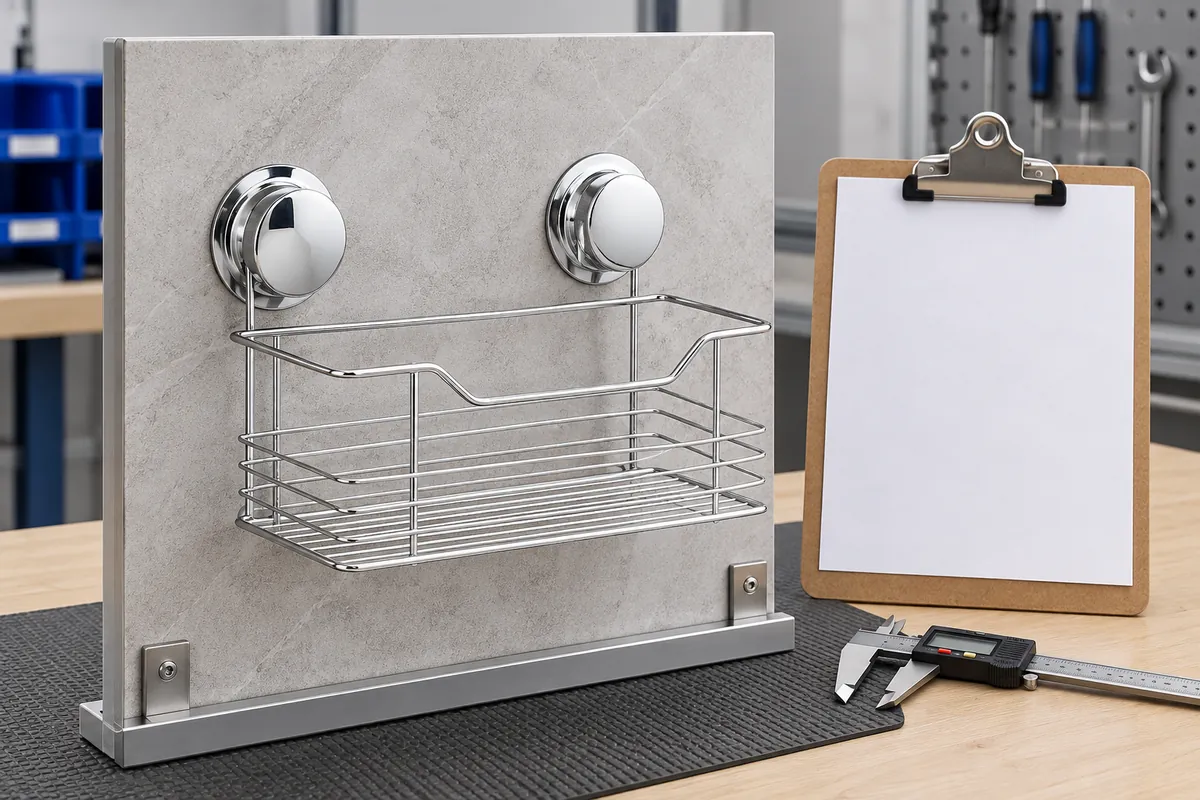 Dual-mount suction basket and both mounting components on an OEM sample review table