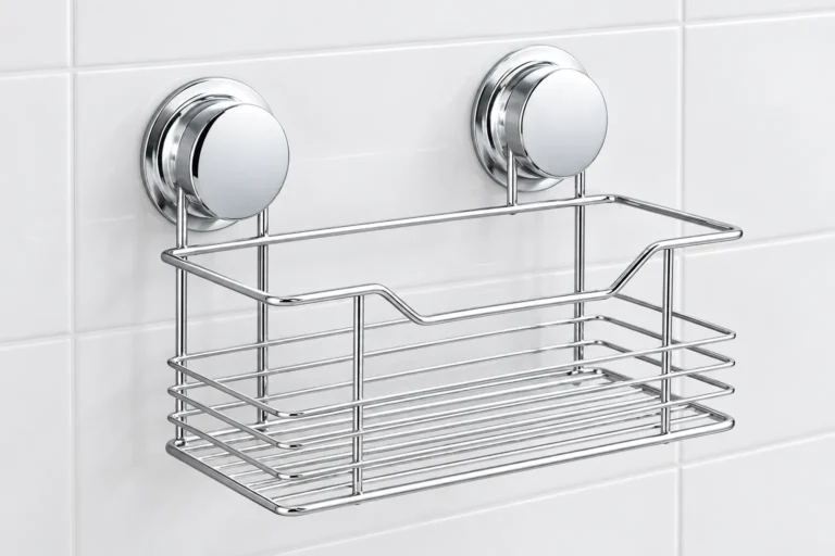 Two-suction-cup chrome wire basket shown against smooth ceramic tile