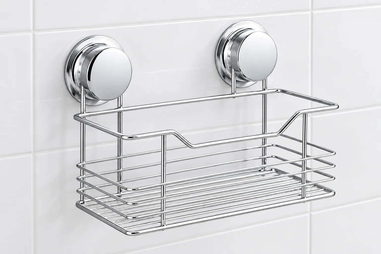 Two-suction-cup chrome wire basket shown against smooth ceramic tile