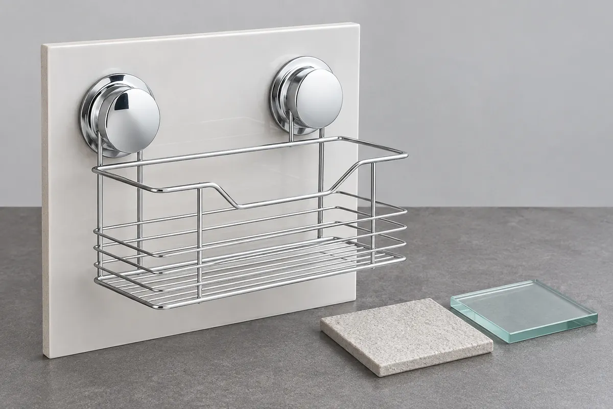 Dual-mount suction basket beside ceramic and glass surface samples