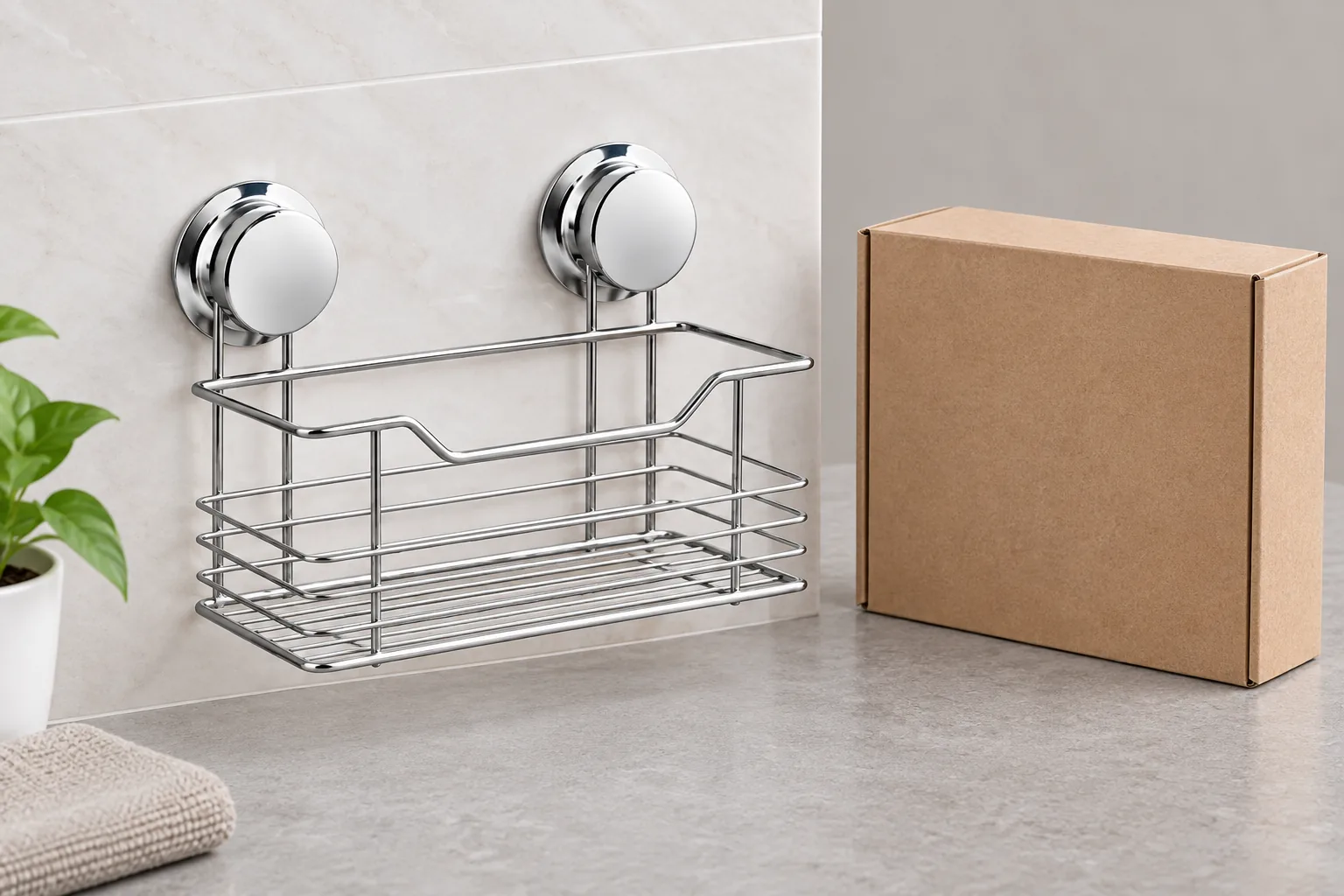 Dual-suction chrome wire basket beside plain private-label retail packaging
