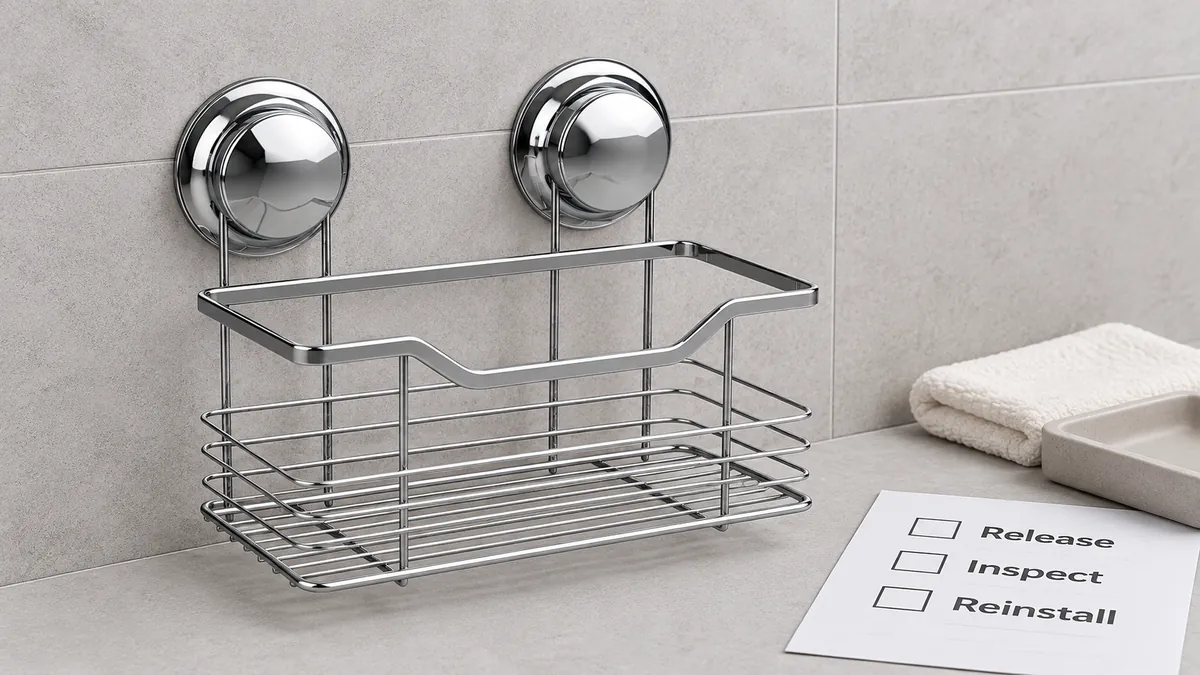 Dual-suction basket on a tile sample panel beside cleaning and instruction-review materials
