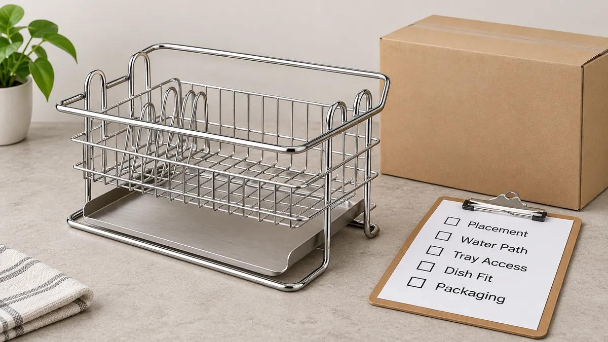 Buyer checklist for rack placement, tray access and runoff review beside a chrome dish rack