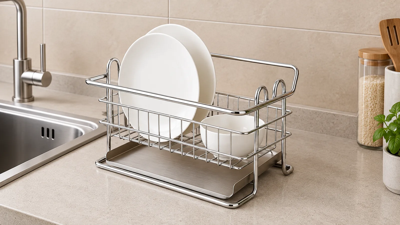 Freestanding chrome kitchen dish rack with removable under-rack collection tray
