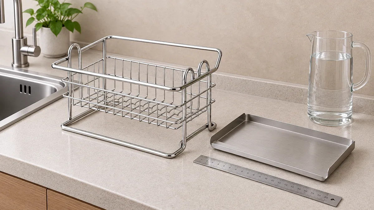 Kitchen dish rack and removed collection tray arranged for drainage-path sample review